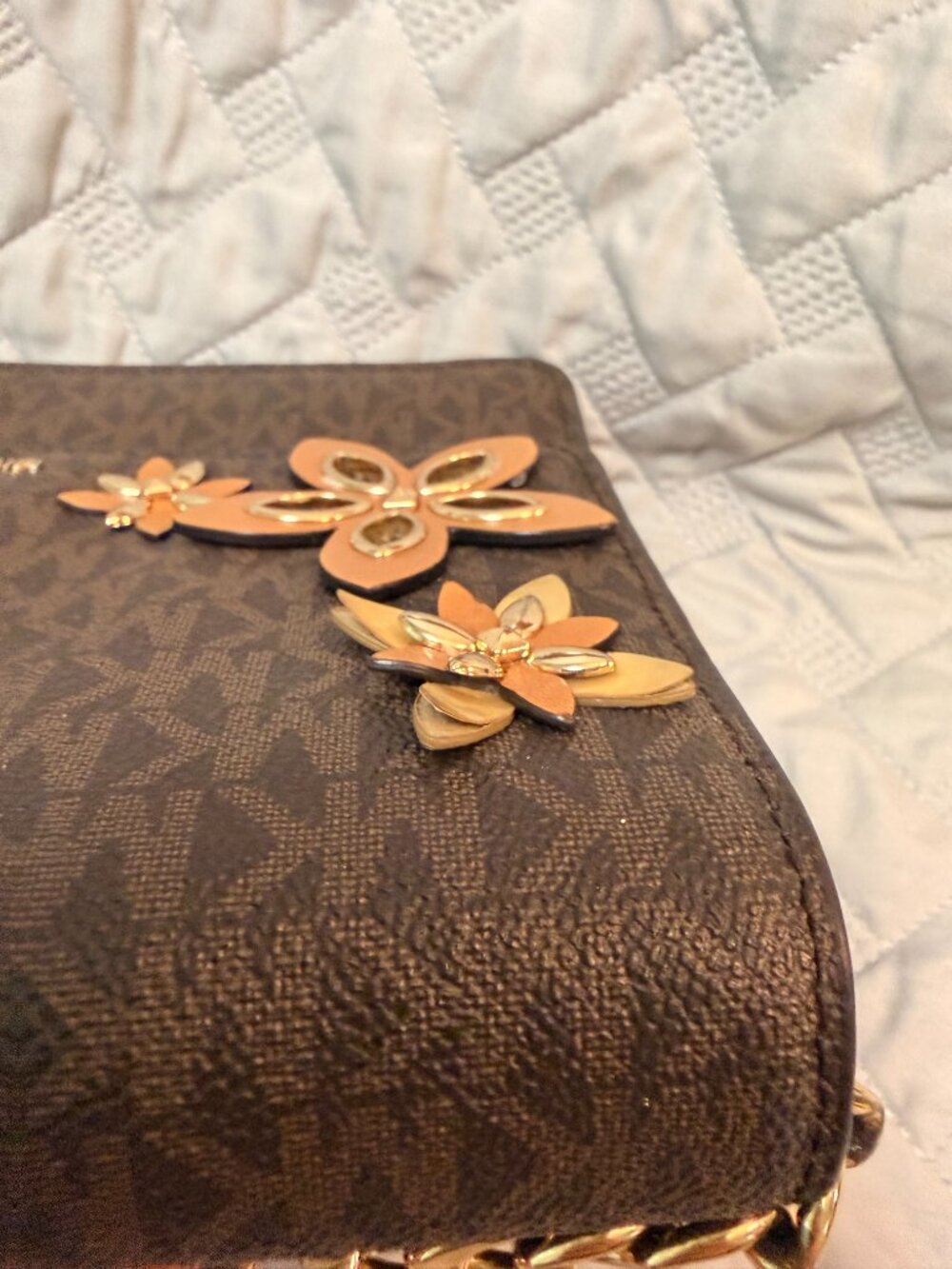 Michael Kors Floral Appliqué Crossbody Bag Brown MK Signature Gold Chain - Picture 13 of 14